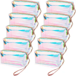 10 Pcs Holographic Clear Makeup Bags Iridescent Cosmetic Bags Travel Cosmetic Bags with Zipper Wrist Loop Waterproof Toiletries Organizer for Home Office Wedding Bachelorette Use