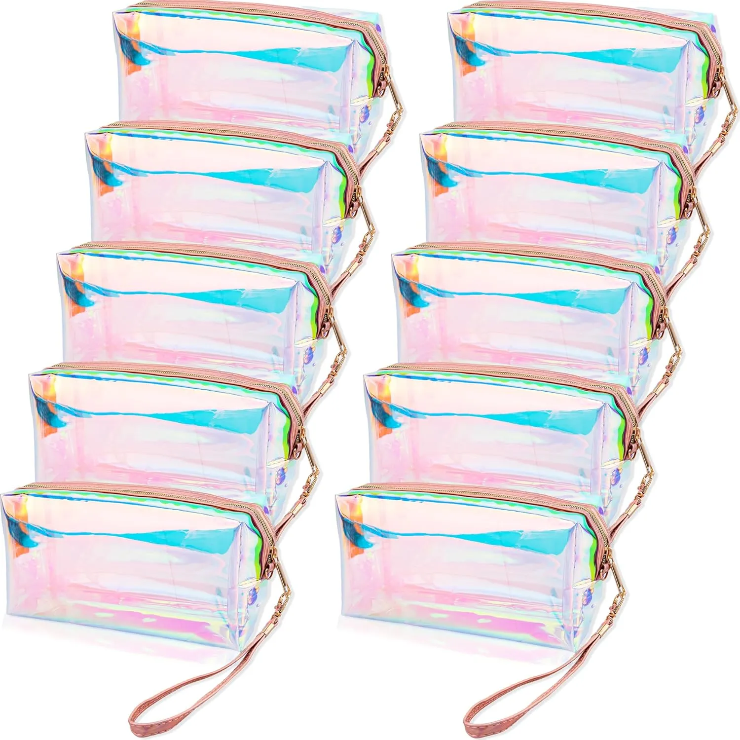 10 Pcs Holographic Clear Makeup Bags Iridescent Cosmetic Bags Travel Cosmetic Bags with Zipper Wrist Loop Waterproof Toiletries Organizer for Home Office Wedding Bachelorette Use