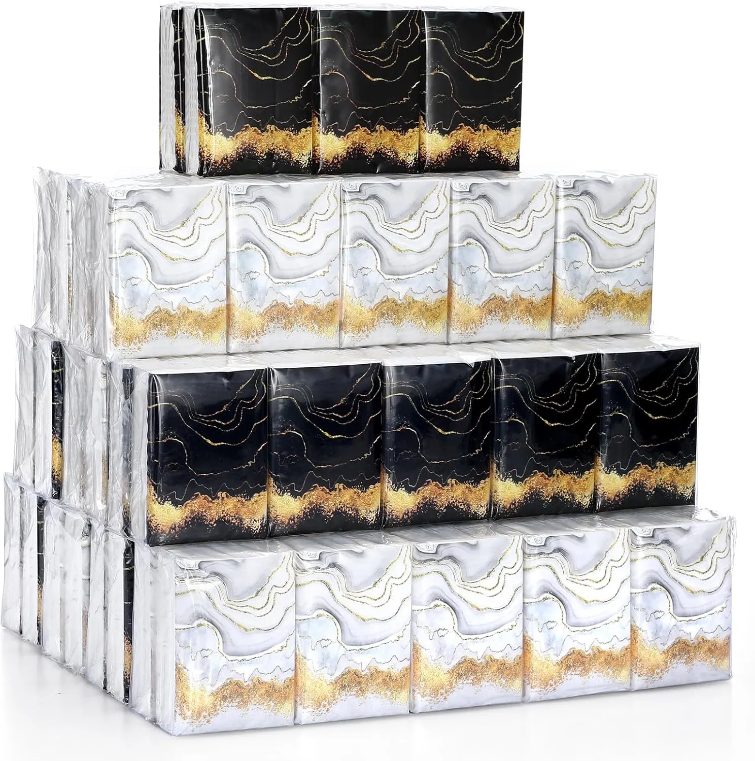 100 Pack Pocket Tissues Individual Packs Bulk 3 Ply Mini Wallet Facial Tissues Travel Size for Spring Wedding Party Supplies(Black White Gold Marble)