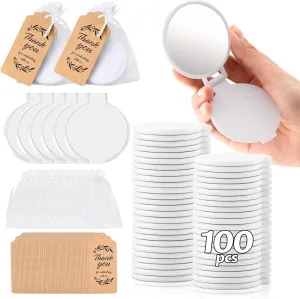 100 Pcs Compact Mirror Bulk Round Makeup Mirror for Purse Gifts Mini Round Folding Mirrors Vintage Travel Mirror Portable Makeup Pocket Mirror Small Purse Mirror with Tag and Organza Bag for Women