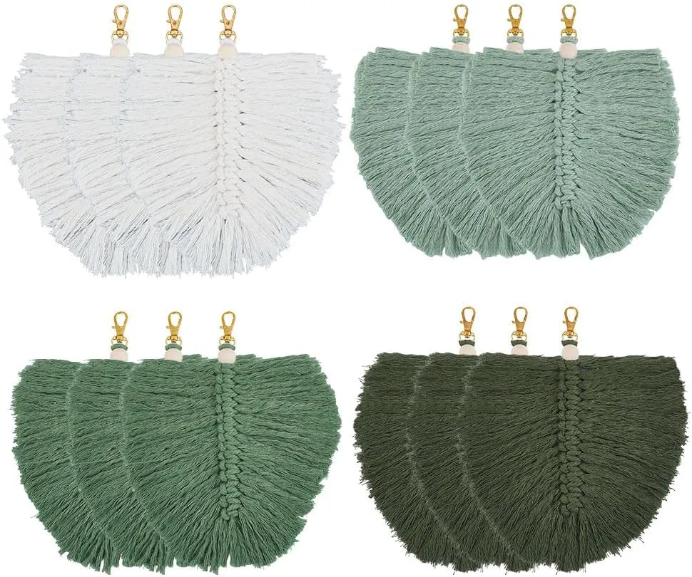 12 Pcs Macrame Keychains, Leaf Shaped Tassel Keychains with Lobster Clasp Handmade Weaving Cotton Pendant Decoration for Purse Handbag Bag Decoration