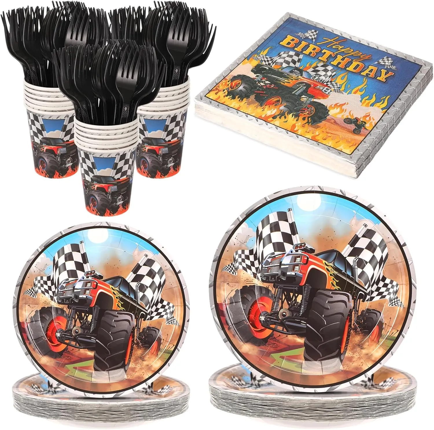 120 Pcs Monster Truck Theme Party Supplies Serves 24 Guests Racing Car Birthday Decorations Tableware Set Include Paper Plates Napkins Cup Plastic Fork for Race Car Truck Birthday Party Favor