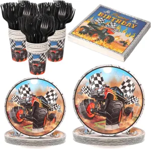120 Pcs Monster Truck Theme Party Supplies Serves 24 Guests Racing Car Birthday Decorations Tableware Set Include Paper Plates Napkins Cup Plastic Fork for Race Car Truck Birthday Party Favor