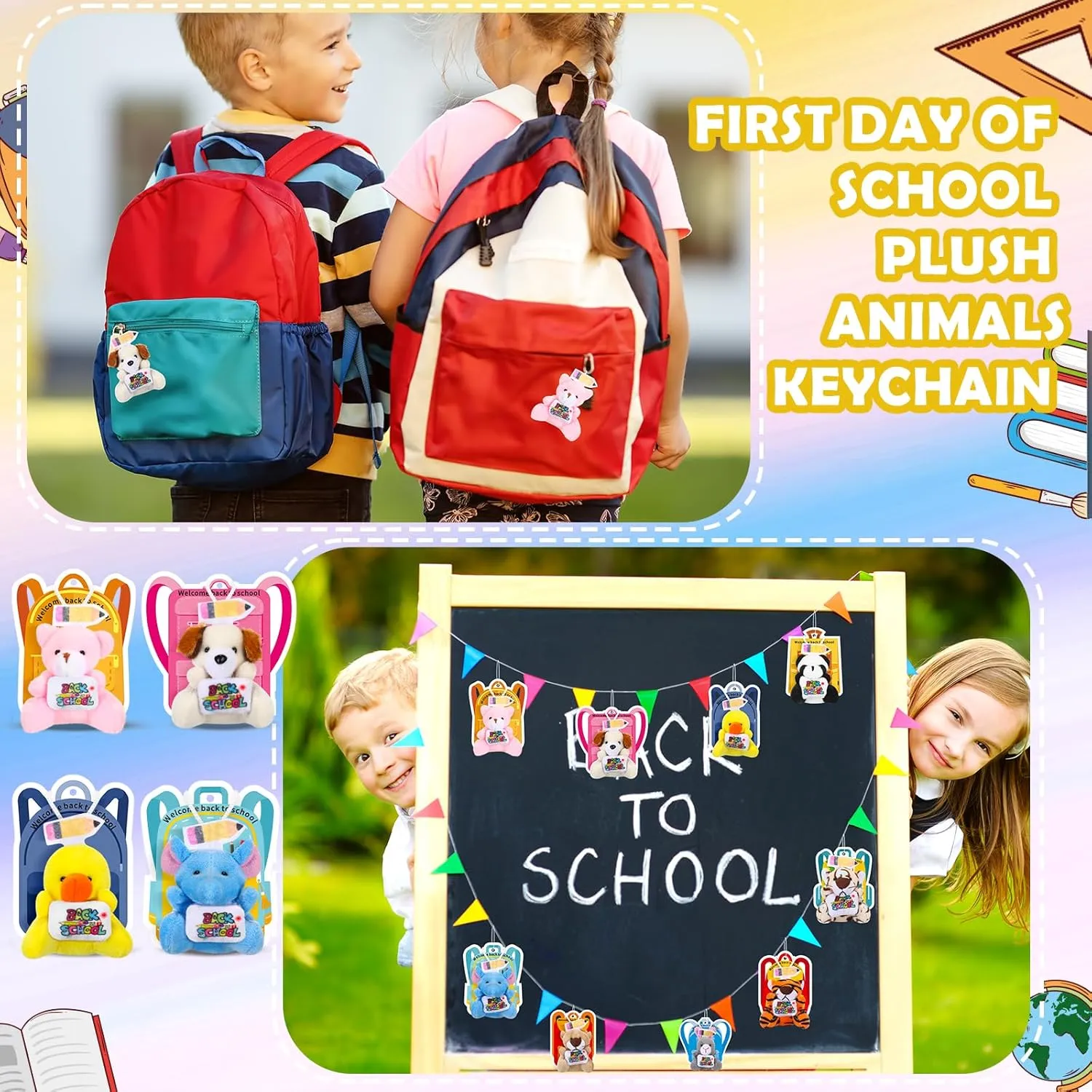 15 Set Welcome Back to School Stuffed Animals Bulk Mini First Day of School Plush Animals with Cards Small Stuffed Doll Tiny Soft Keychain for Party Favors Exchange Gifts
