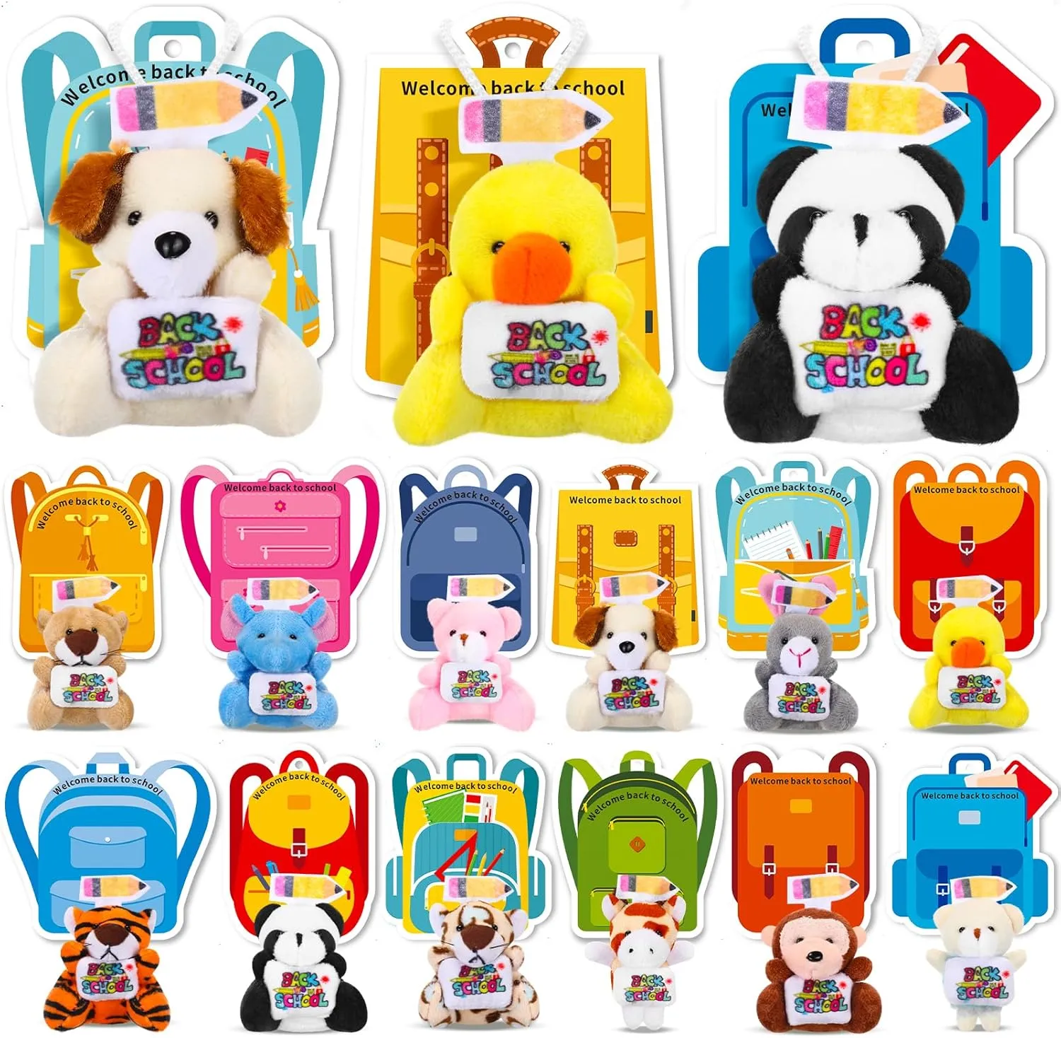 15 Set Welcome Back to School Stuffed Animals Bulk Mini First Day of School Plush Animals with Cards Small Stuffed Doll Tiny Soft Keychain for Party Favors Exchange Gifts