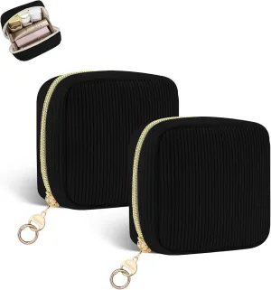 2 Pack Small Makeup Bag for Purse, Corduroy Mini Cosmetic Pouch with Ring Buckle & 4 Inner Pockets, Portable Travel Makeup Pouch for Lipsticks, Coins, Earphone (Black)