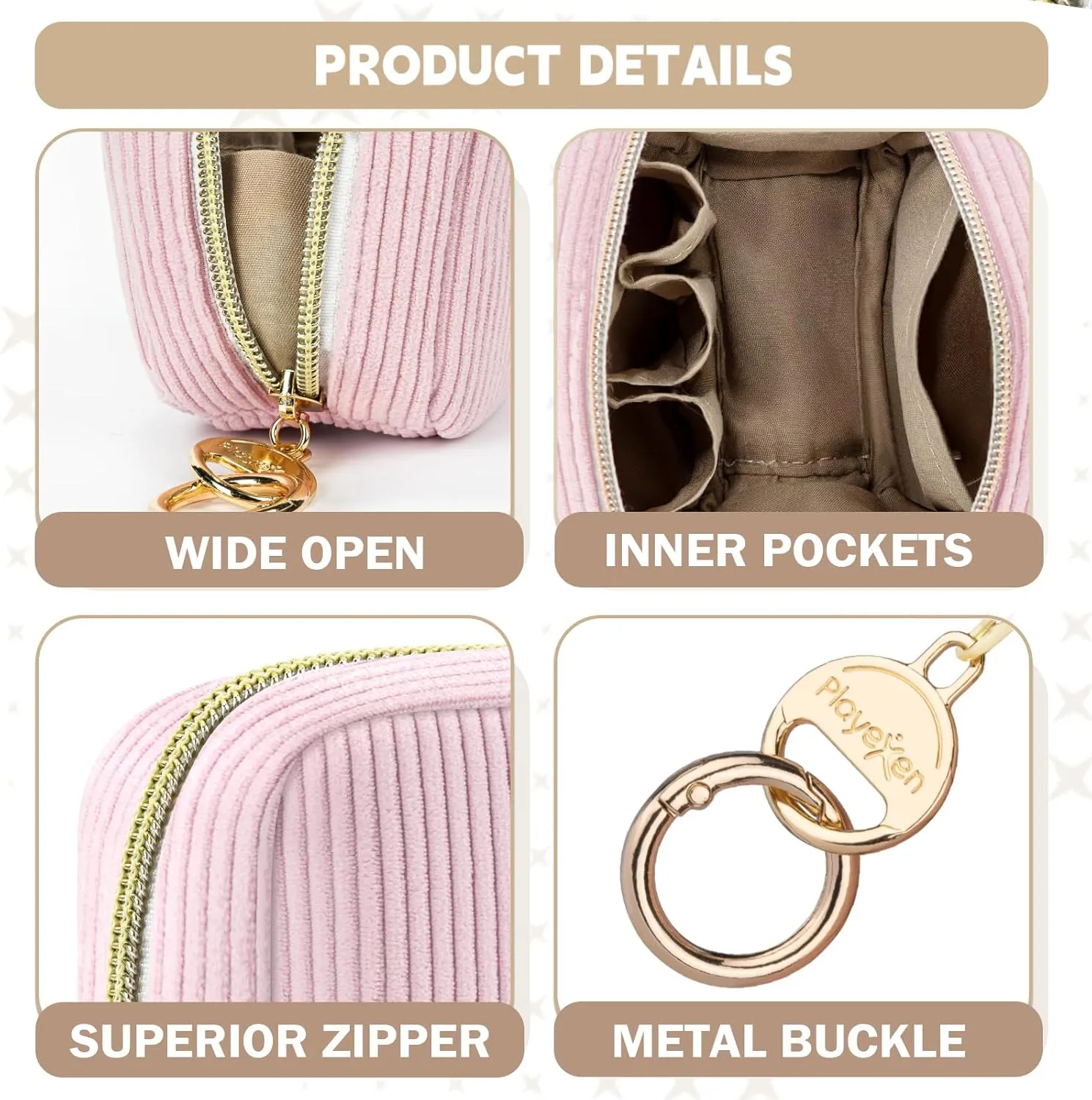 2 Pack Small Makeup Bag for Purse, Corduroy Mini Cosmetic Pouch with Ring Buckle & 4 Inner Pockets, Portable Travel Makeup Pouch for Lipsticks, Coins, Earphone (Black)