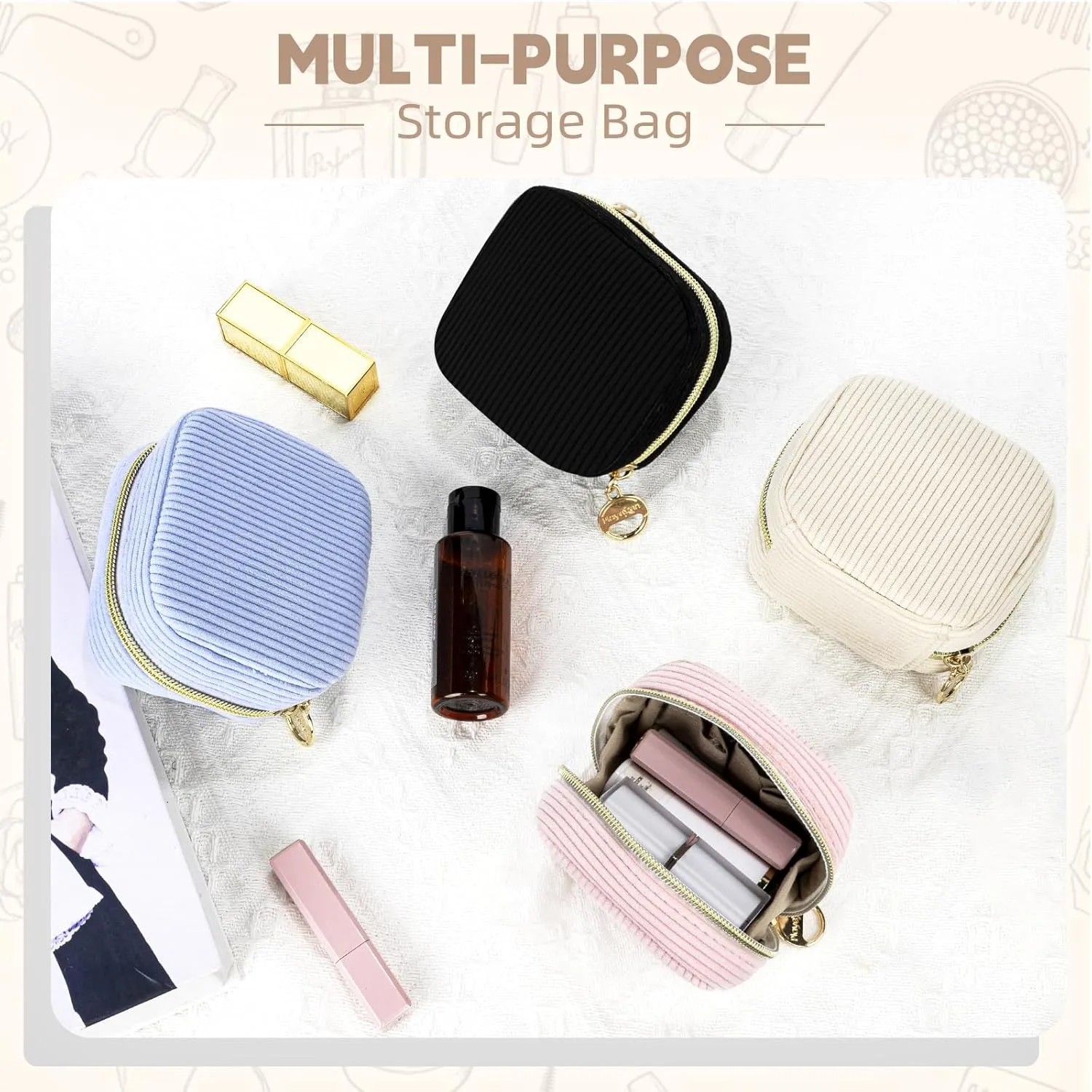 2 Pack Small Makeup Bag for Purse, Corduroy Mini Cosmetic Pouch with Ring Buckle & 4 Inner Pockets, Portable Travel Makeup Pouch for Lipsticks, Coins, Earphone (Black)