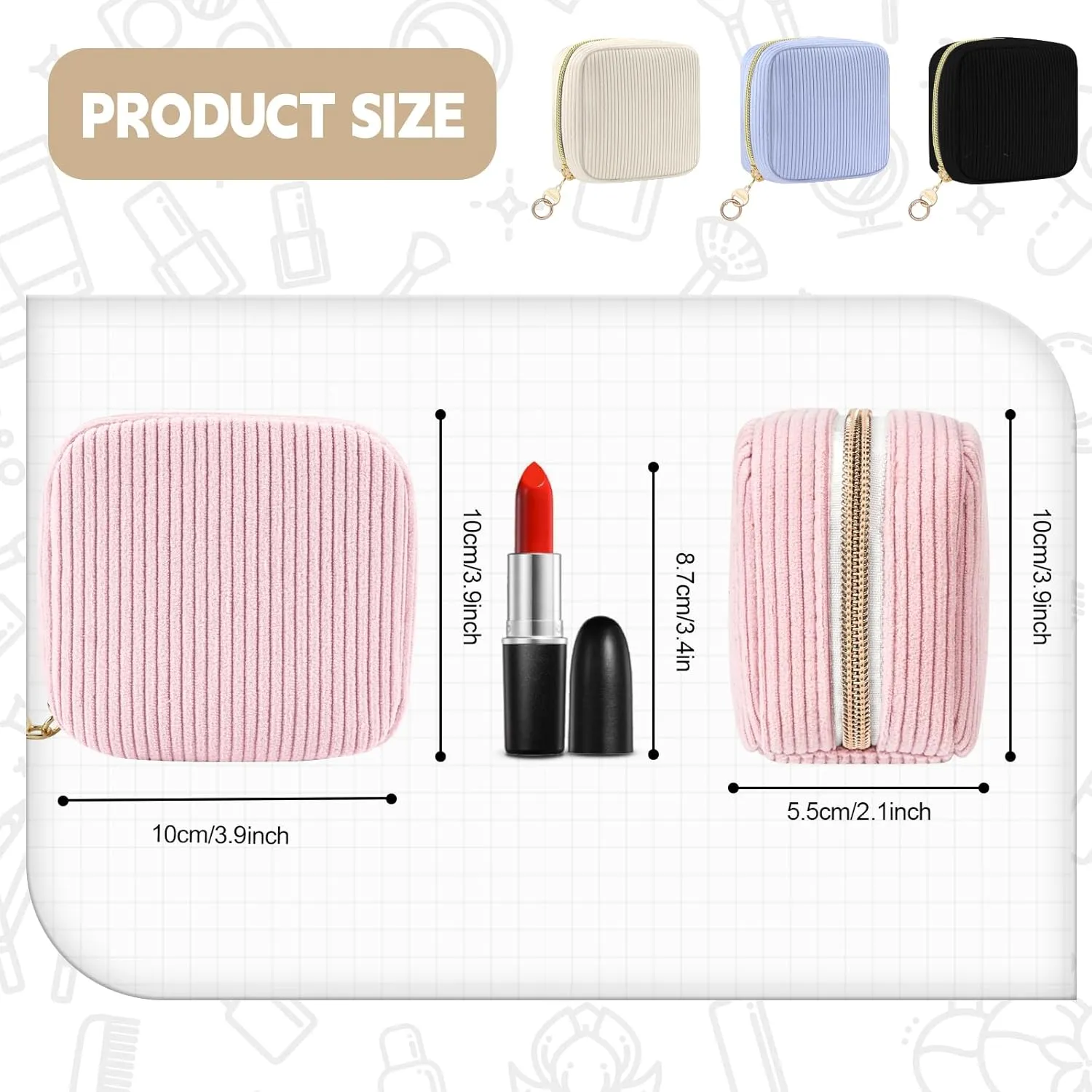 2 Pack Small Makeup Bag for Purse, Corduroy Mini Cosmetic Pouch with Ring Buckle & 4 Inner Pockets, Portable Travel Makeup Pouch for Lipsticks, Coins, Earphone (Black)