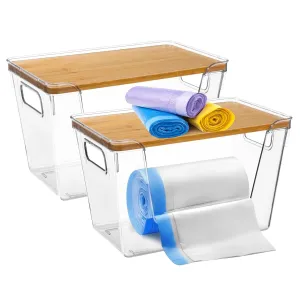 2-Pack Trash Bag Dispenser with Bamboo Top - Stackable Garbage Bag Holder, Acrylic Organizer with Handles for Under Sink Kitchen,Pantry,Laundry Room,Cabinet Organizer