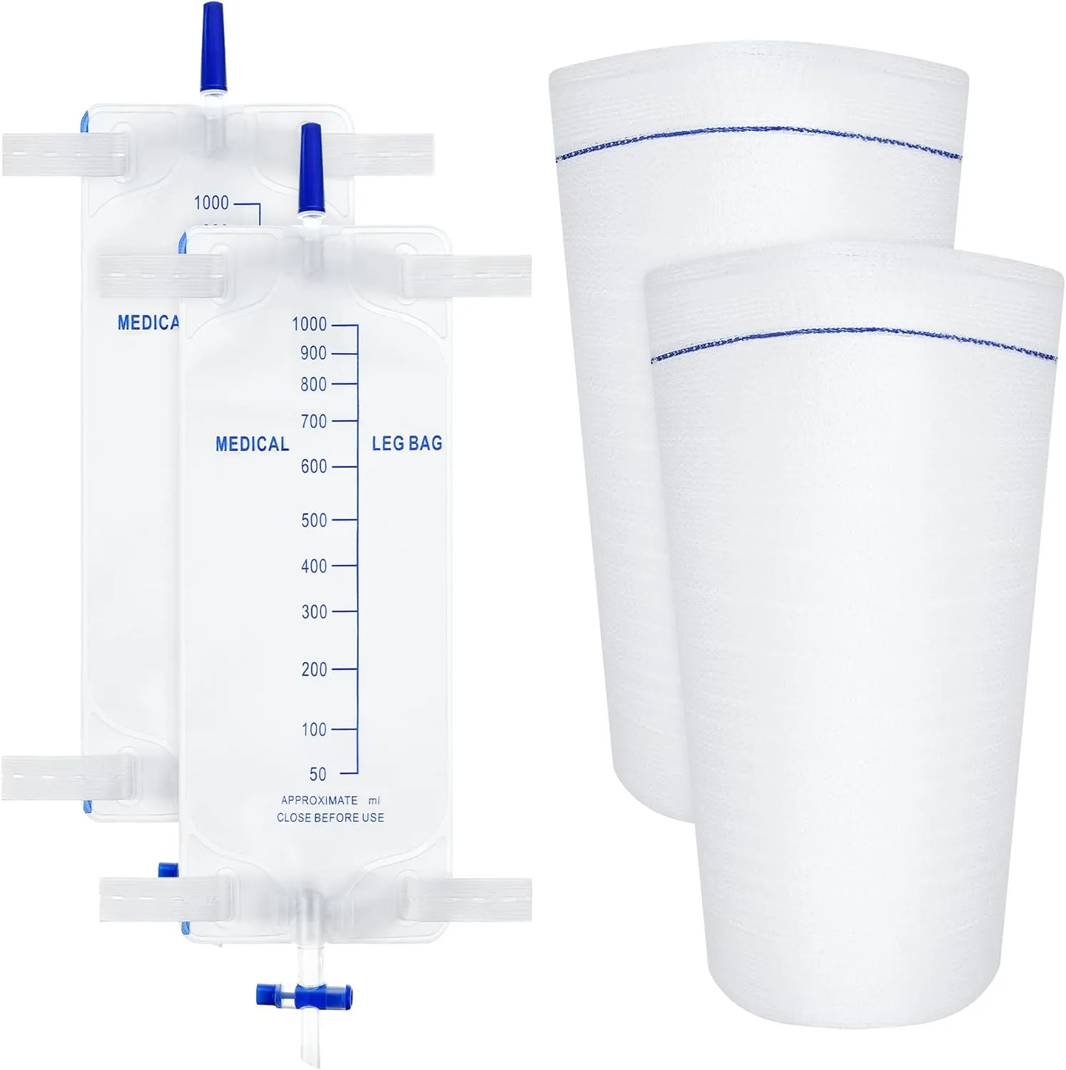 2 Pcs 33.8oz/1000ml Leg Bag Urinary Drainage Bag with 2 Pcs Catheter Leg Bag Holder, Catheter Leg Bags with Anti Reflux Valve, Urine Collection Bag with Cloth Straps for Men Woman, Easy Drain