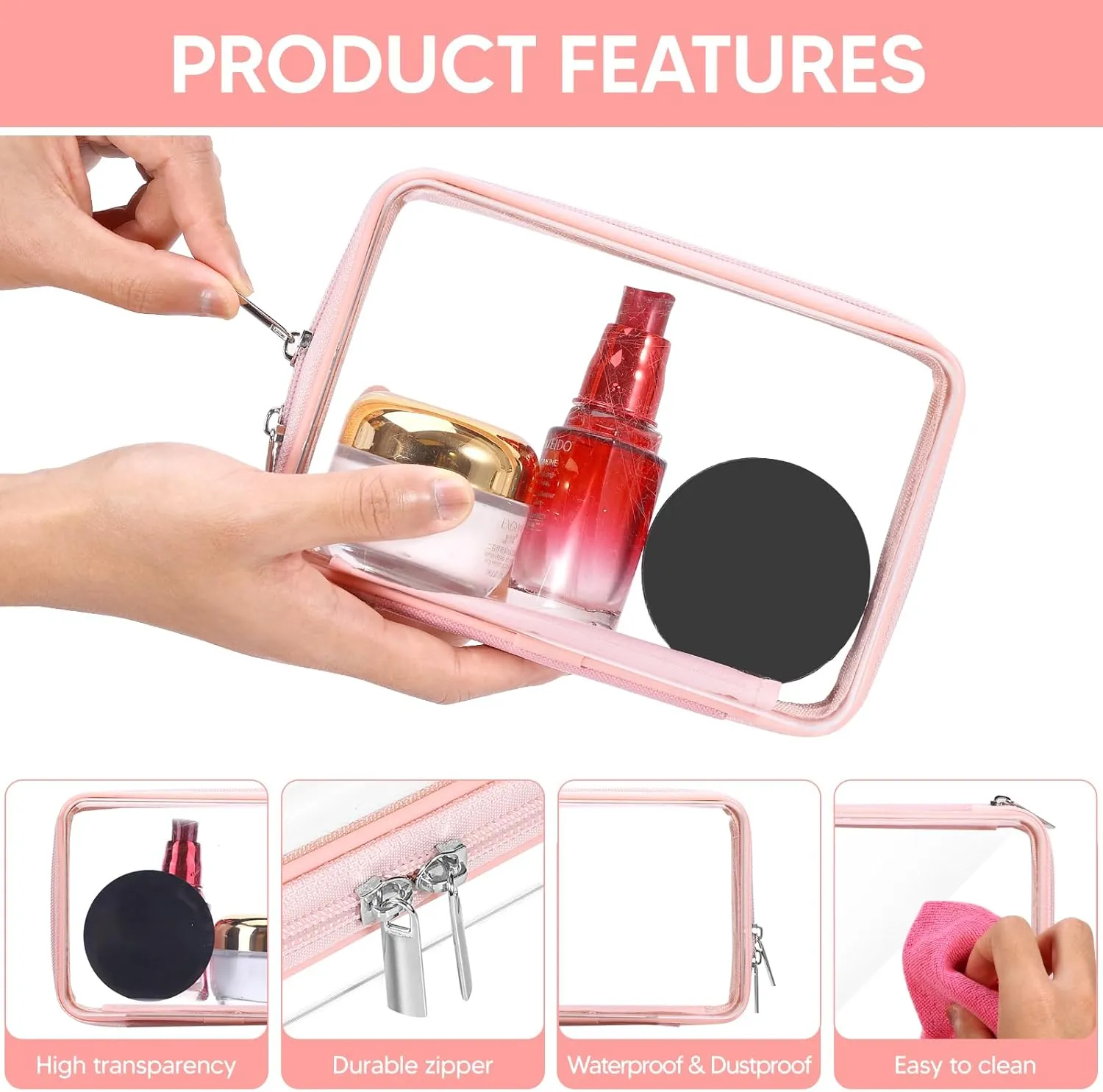 2 Pcs Clear Hard Zipper Case, Hard PC Plastic Cosmetic Travel Bag with Zipper, Portable Travel Organizer Bins, Durable Makeup Bags(Pink)