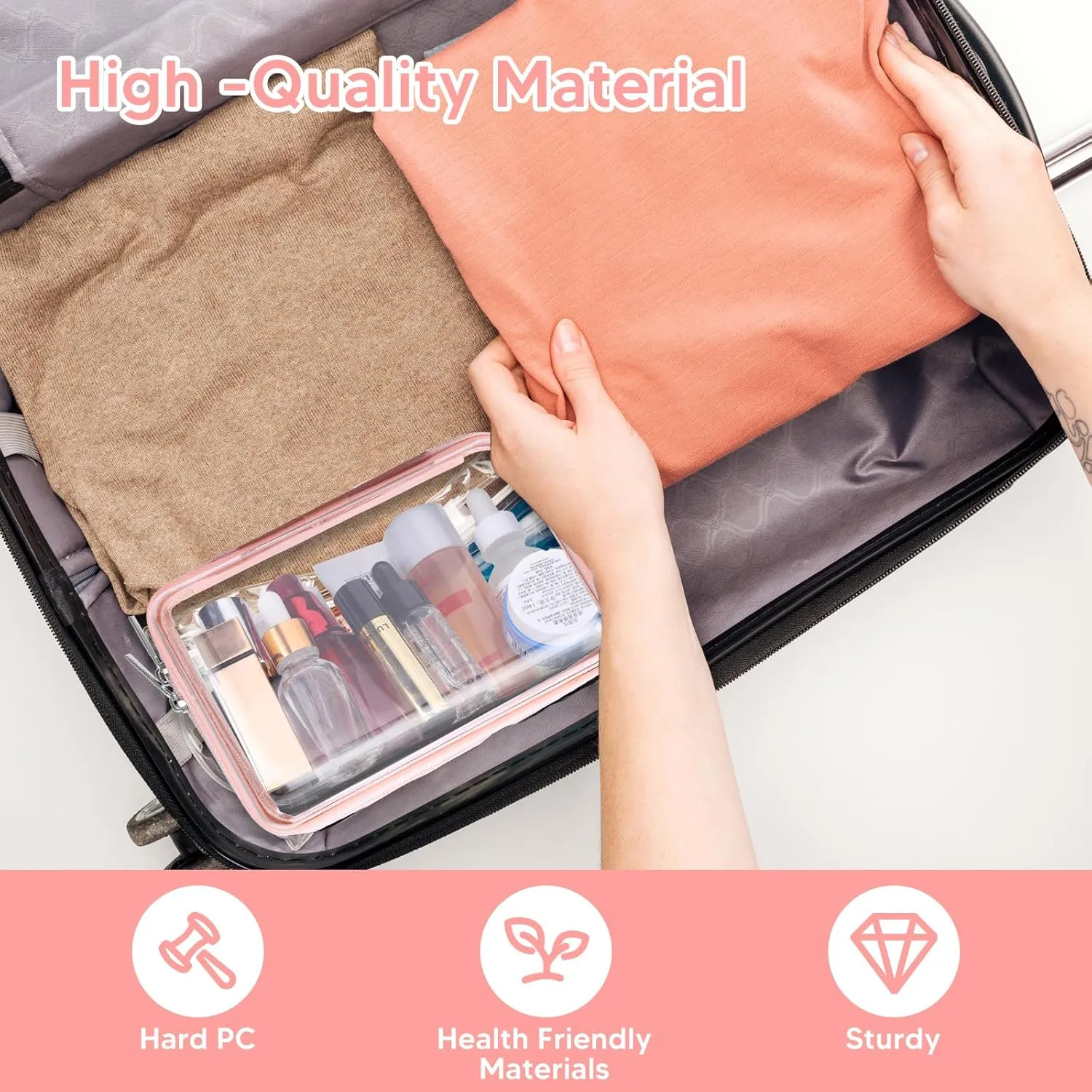 2 Pcs Clear Hard Zipper Case, Hard PC Plastic Cosmetic Travel Bag with Zipper, Portable Travel Organizer Bins, Durable Makeup Bags(Pink)
