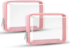 2 Pcs Clear Hard Zipper Case, Hard PC Plastic Cosmetic Travel Bag with Zipper, Portable Travel Organizer Bins, Durable Makeup Bags(Pink)