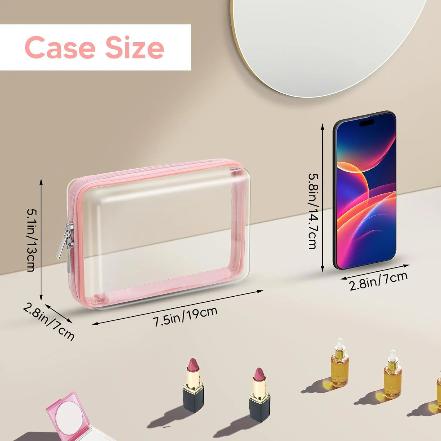 2 Pcs Clear Hard Zipper Case, Hard PC Plastic Cosmetic Travel Bag with Zipper, Portable Travel Organizer Bins, Durable Makeup Bags(Pink)