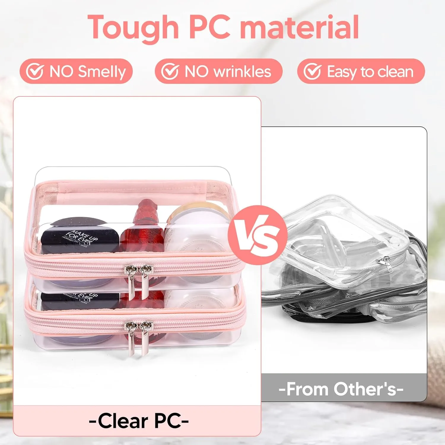 2 Pcs Clear Hard Zipper Case, Hard PC Plastic Cosmetic Travel Bag with Zipper, Portable Travel Organizer Bins, Durable Makeup Bags(Pink)