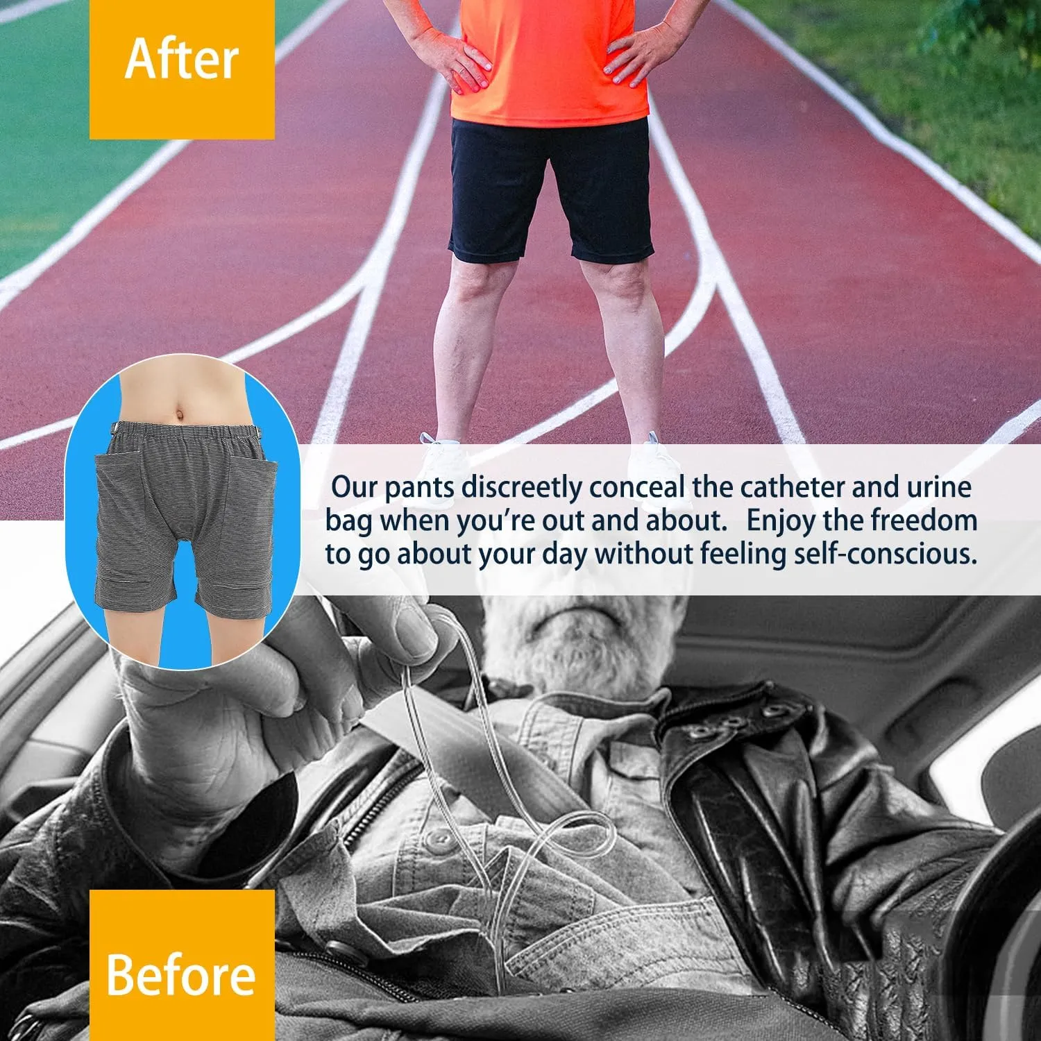 2 PCS Nephrostomy Bags Shorts for Men, Hold Up to 2 * 2000ML, Incontinence Care Trousers for Foley, Ostomy Patients (Men, Large-Waist:27.5''~34.6'')
