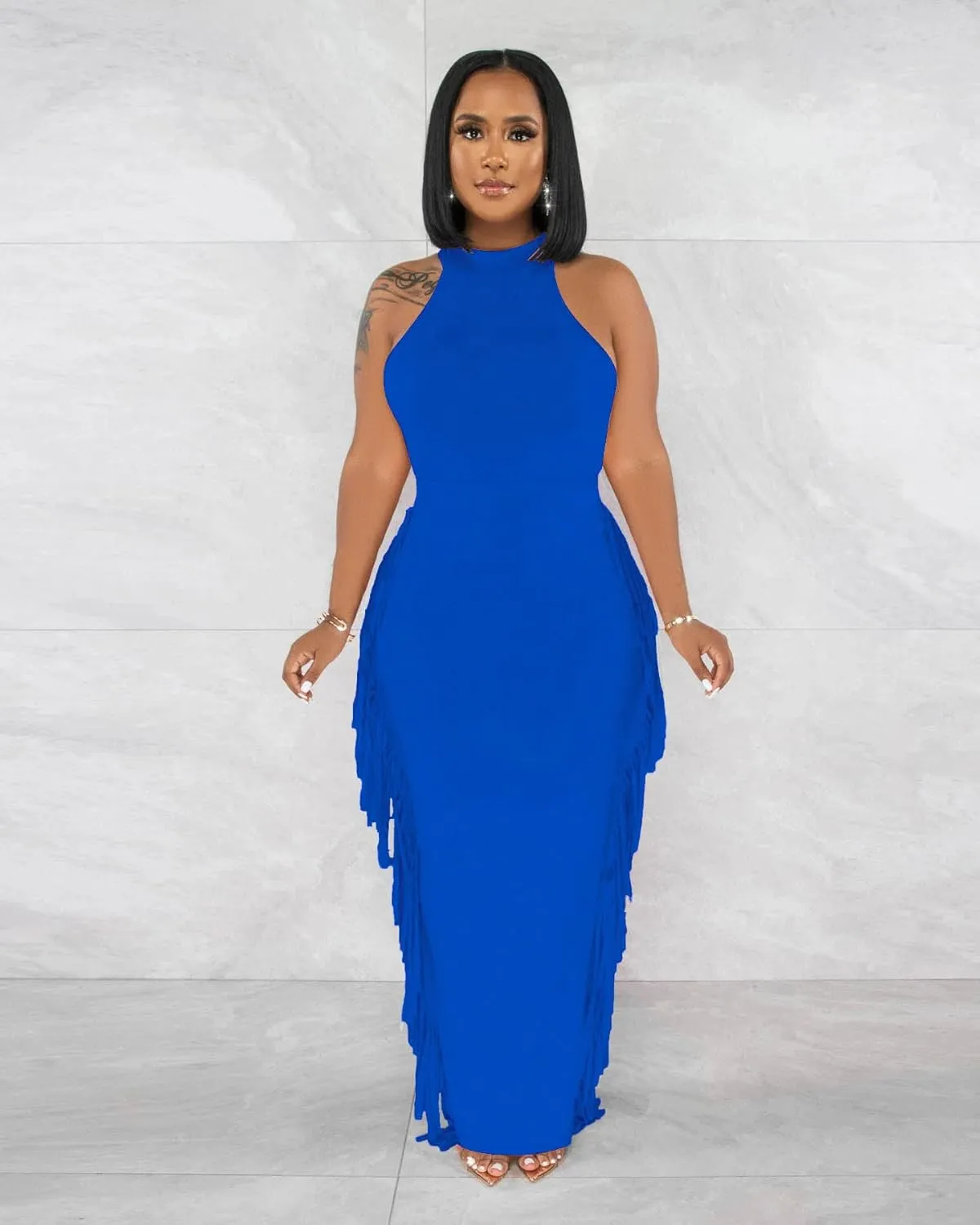 2 Piece Outfits for Women Sexy Crop Top Ruched Bodycon Maxi Dresses Fringe Skirt Sets Night Club Jumpsuits