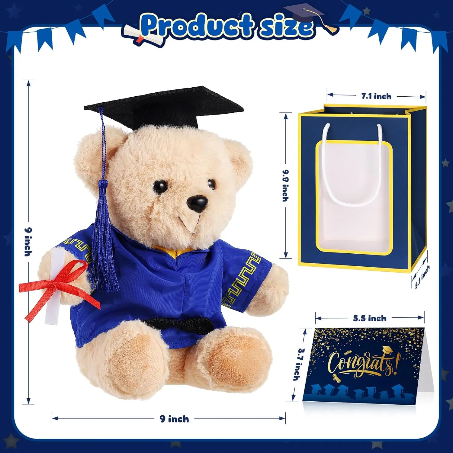 2 Sets Bear with Graduation Cap Toys Class of 2025 Graduation Plush Stuffed Teddy Bear Animal Dog Graduation Cap and Gown with Greeting Card and Bag for Graduation Day Gift(Blue Graduation Bear)