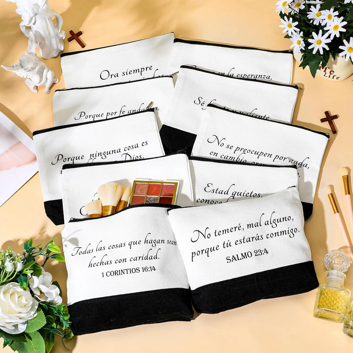 20 Pcs Christian Gifts for Women Religious Makeup Bags Canvas Inspirational Bible Verse Pencil Pouch with Zipper Church Cosmetic Bags for Mom Travel Employee(White&black,Spanish)