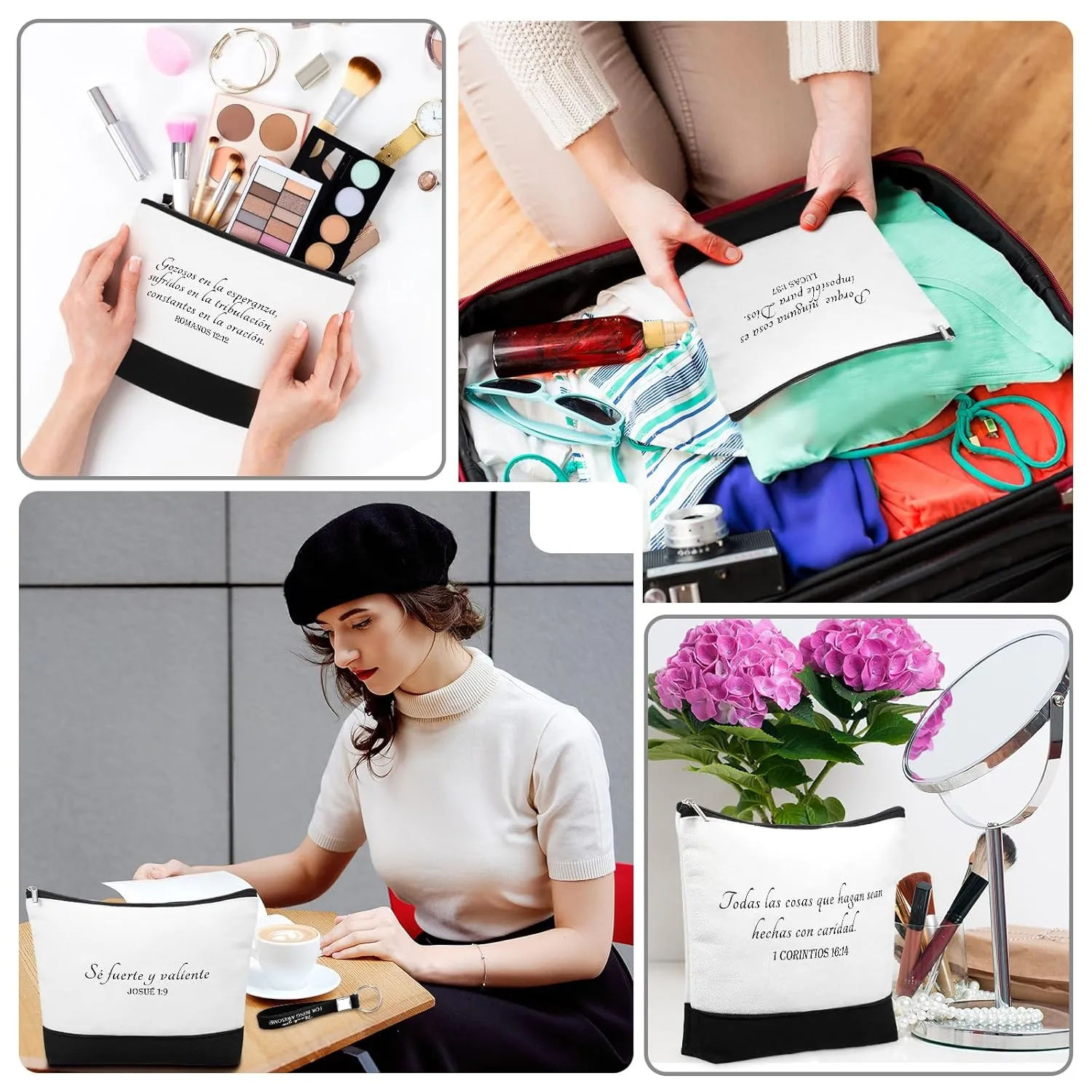 20 Pcs Christian Gifts for Women Religious Makeup Bags Canvas Inspirational Bible Verse Pencil Pouch with Zipper Church Cosmetic Bags for Mom Travel Employee(White&black,Spanish)
