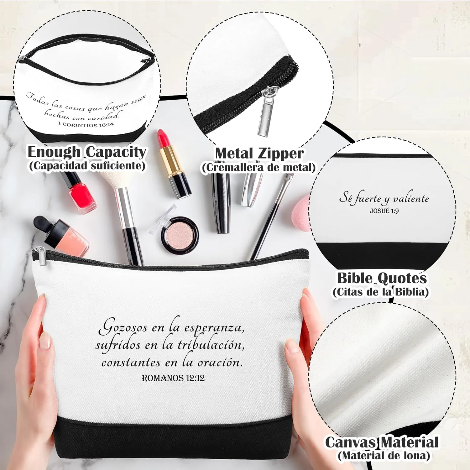20 Pcs Christian Gifts for Women Religious Makeup Bags Canvas Inspirational Bible Verse Pencil Pouch with Zipper Church Cosmetic Bags for Mom Travel Employee(White&black,Spanish)