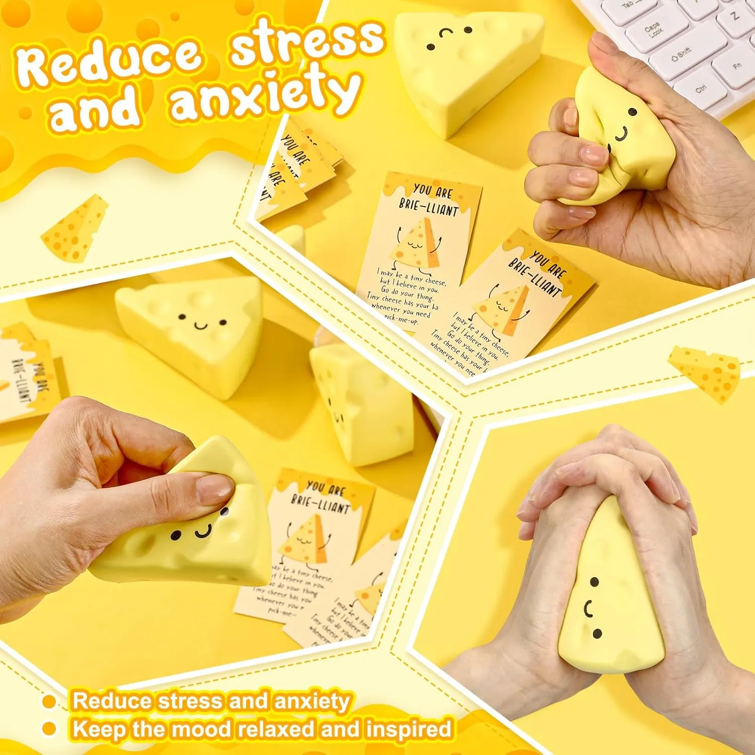 20 Set Inspirational Gift Bulk Relief Stress Balls Squeeze Toys Motivational Stress Toy with Cards Organza Bag Funny Appreciation Gift for Teacher Employees Coworkers (Cheese)