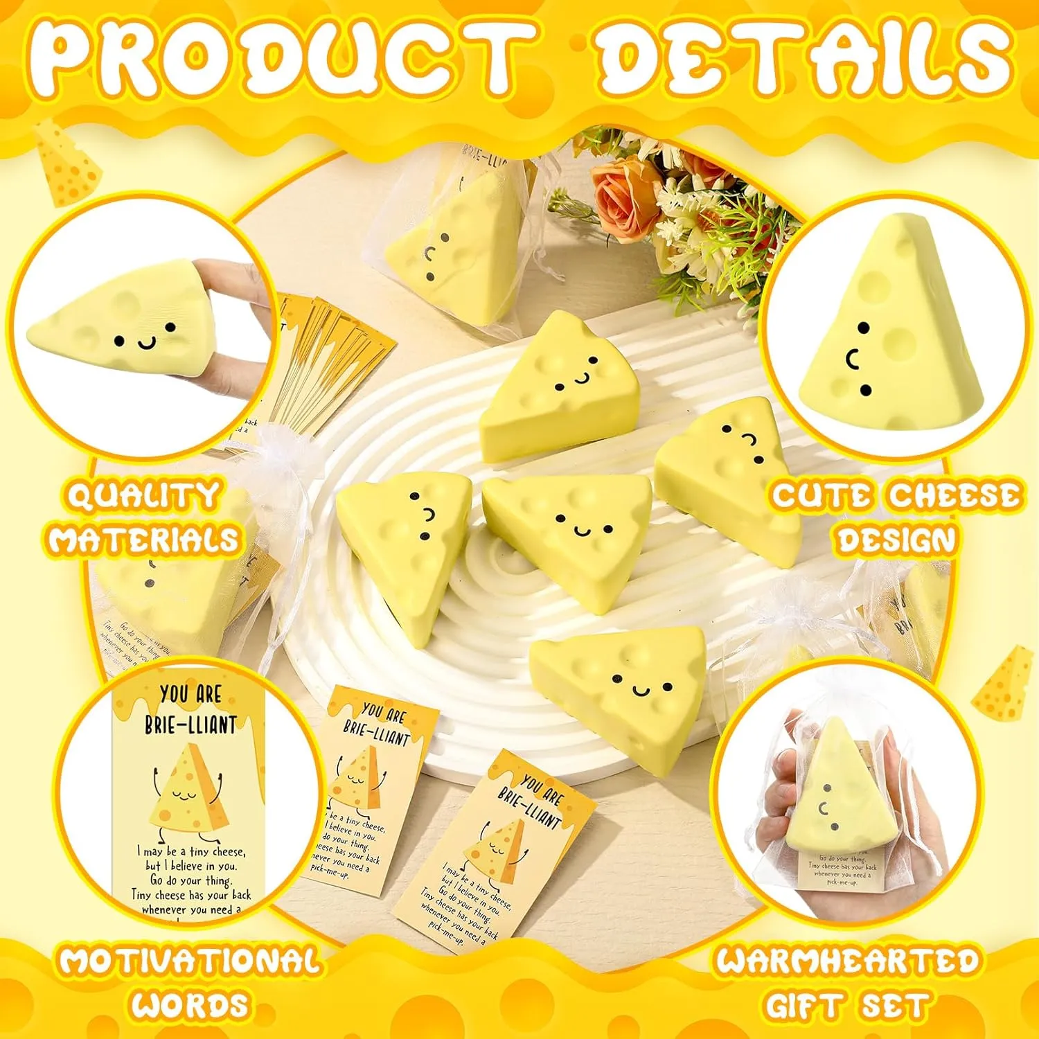 20 Set Inspirational Gift Bulk Relief Stress Balls Squeeze Toys Motivational Stress Toy with Cards Organza Bag Funny Appreciation Gift for Teacher Employees Coworkers (Cheese)