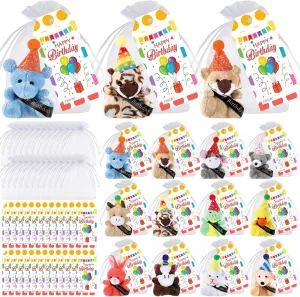 24 Set Birthday Mini Stuffed Animals Set Small Birthday Plush Toys Party Favors Soft Tiny Keychain Doll with Hats Gift Tags Bag for Student Classroom Reward Gifts Party Decoration