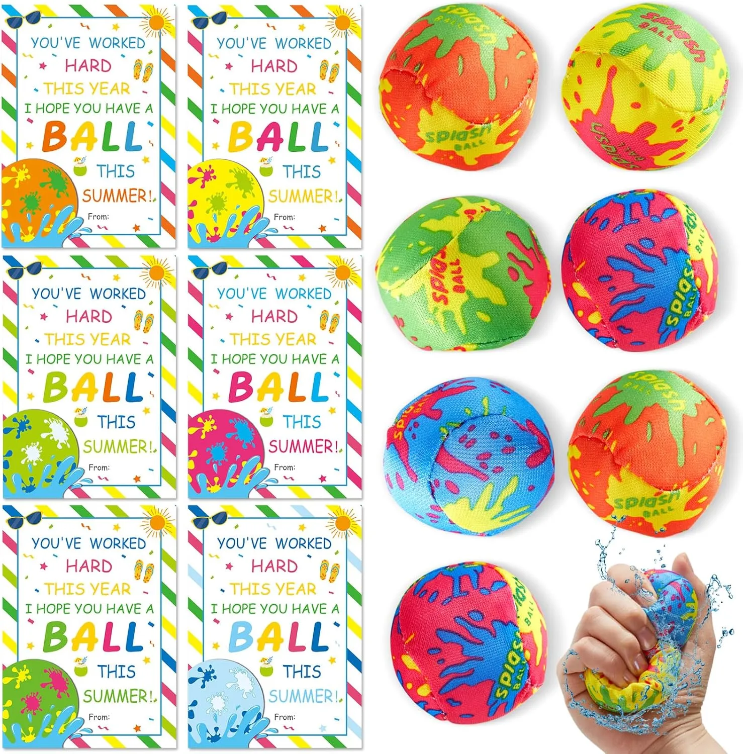 24 Sets End of School Year Student Gifts Water Splash Balls with Gift Cards Kindergarten Preschool Graduation Present Bulk from Teacher Summer Party Favors Goodie Bags Outdoor Games Activity Supplies