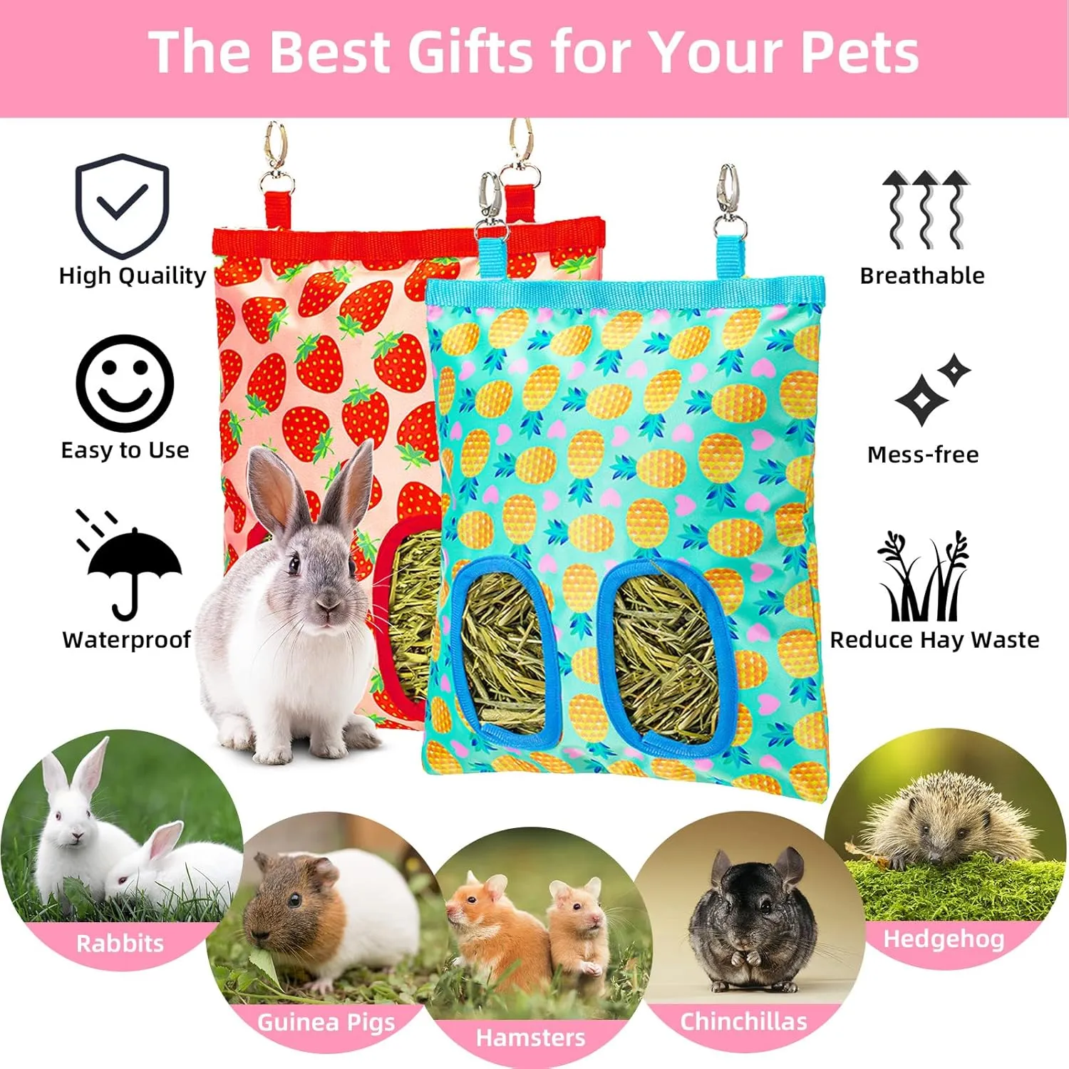2Packs Large Rabbit Hay Feeder Bag, Upgraded Guinea Pig Hay Feeder with 3 Hooks, Chew Proof Washable Hay Bag for Rabbits Bunny Chinchilla Hamster, Mess Free Grass Holder 2 Holes, 9.8x11.4 Inch