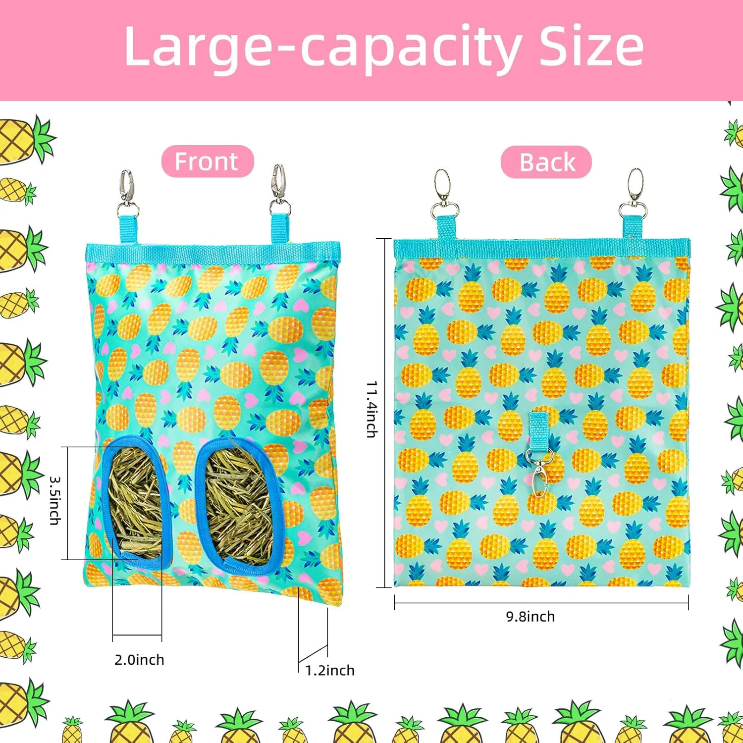 2Packs Large Rabbit Hay Feeder Bag, Upgraded Guinea Pig Hay Feeder with 3 Hooks, Chew Proof Washable Hay Bag for Rabbits Bunny Chinchilla Hamster, Mess Free Grass Holder 2 Holes, 9.8x11.4 Inch