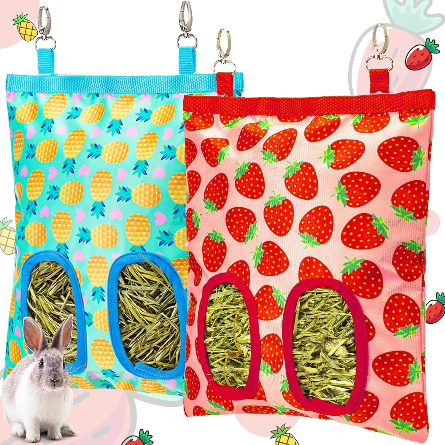 2Packs Large Rabbit Hay Feeder Bag, Upgraded Guinea Pig Hay Feeder with 3 Hooks, Chew Proof Washable Hay Bag for Rabbits Bunny Chinchilla Hamster, Mess Free Grass Holder 2 Holes, 9.8x11.4 Inch