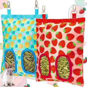 2Packs Large Rabbit Hay Feeder Bag, Upgraded Guinea Pig Hay Feeder with 3 Hooks, Chew Proof Washable Hay Bag for Rabbits Bunny Chinchilla Hamster, Mess Free Grass Holder 2 Holes, 9.8x11.4 Inch