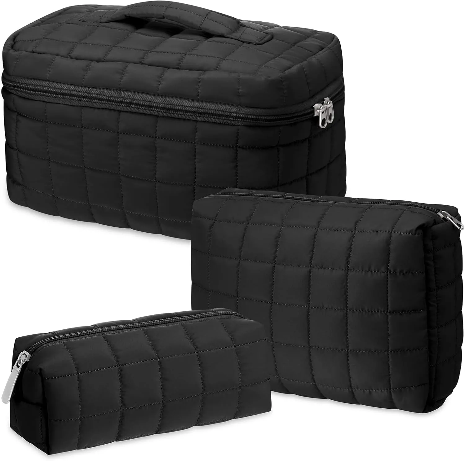 3 Pcs Large Puffy Makeup Bag Set Quilted Cosmetic Pouch for Women Cute Checkered Travel Toiletry Bag Puffer Makeup Organizer Purse Pouch Preppy Pencil Case with Zipper(Black)