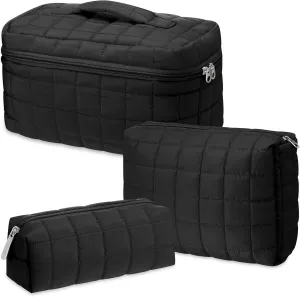 3 Pcs Large Puffy Makeup Bag Set Quilted Cosmetic Pouch for Women Cute Checkered Travel Toiletry Bag Puffer Makeup Organizer Purse Pouch Preppy Pencil Case with Zipper(Black)