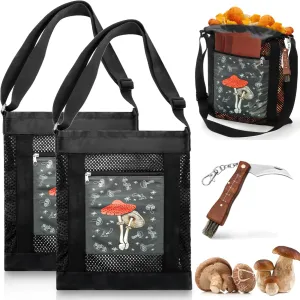 3 Pcs Mushroom Foraging Set, Foraging Kit with 2 Mesh Bags & 1 Foldable Knife, Collapsible Harvesting Pouch with Adjustable Shoulder Strap, Reusable Picking Basket for Mushroom Decor Lover