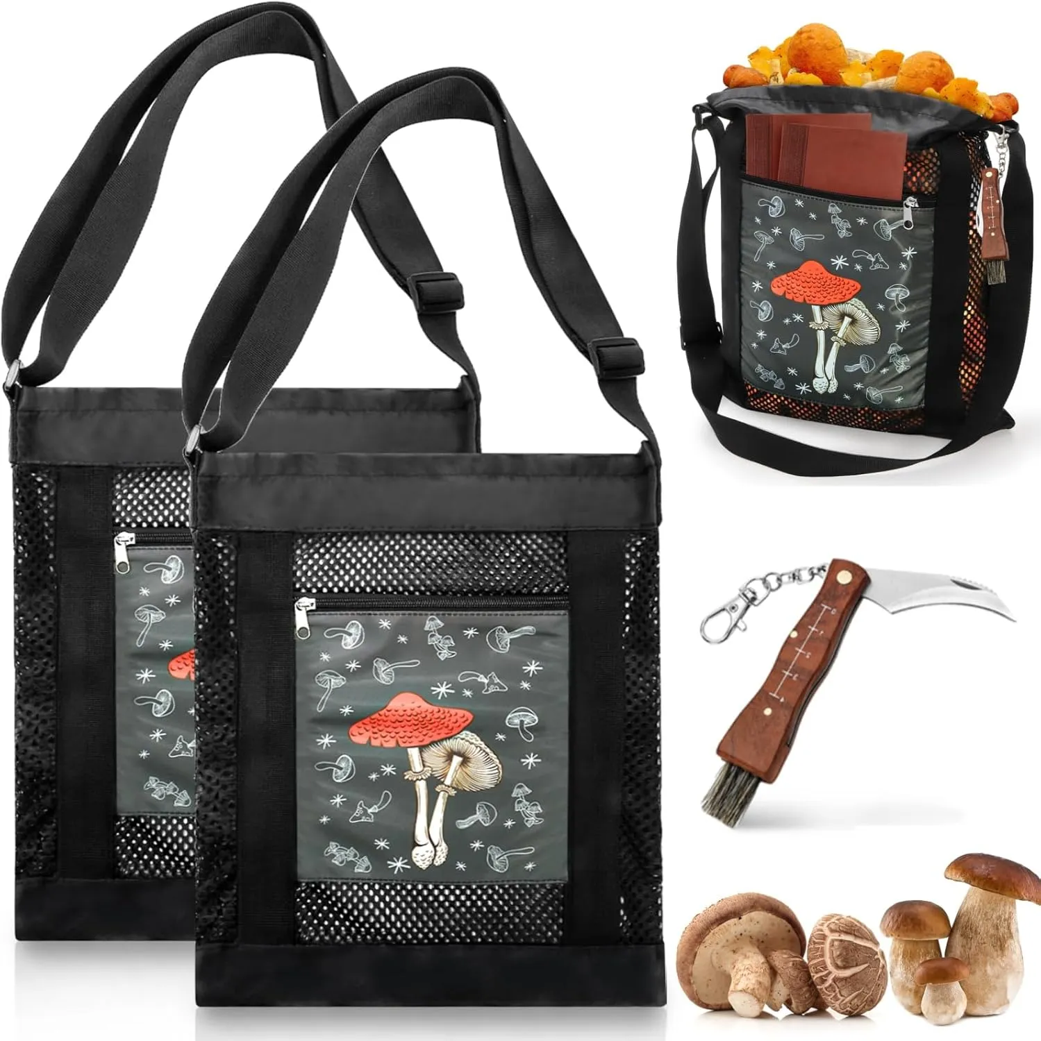 3 Pcs Mushroom Foraging Set, Foraging Kit with 2 Mesh Bags & 1 Foldable Knife, Collapsible Harvesting Pouch with Adjustable Shoulder Strap, Reusable Picking Basket for Mushroom Decor Lover