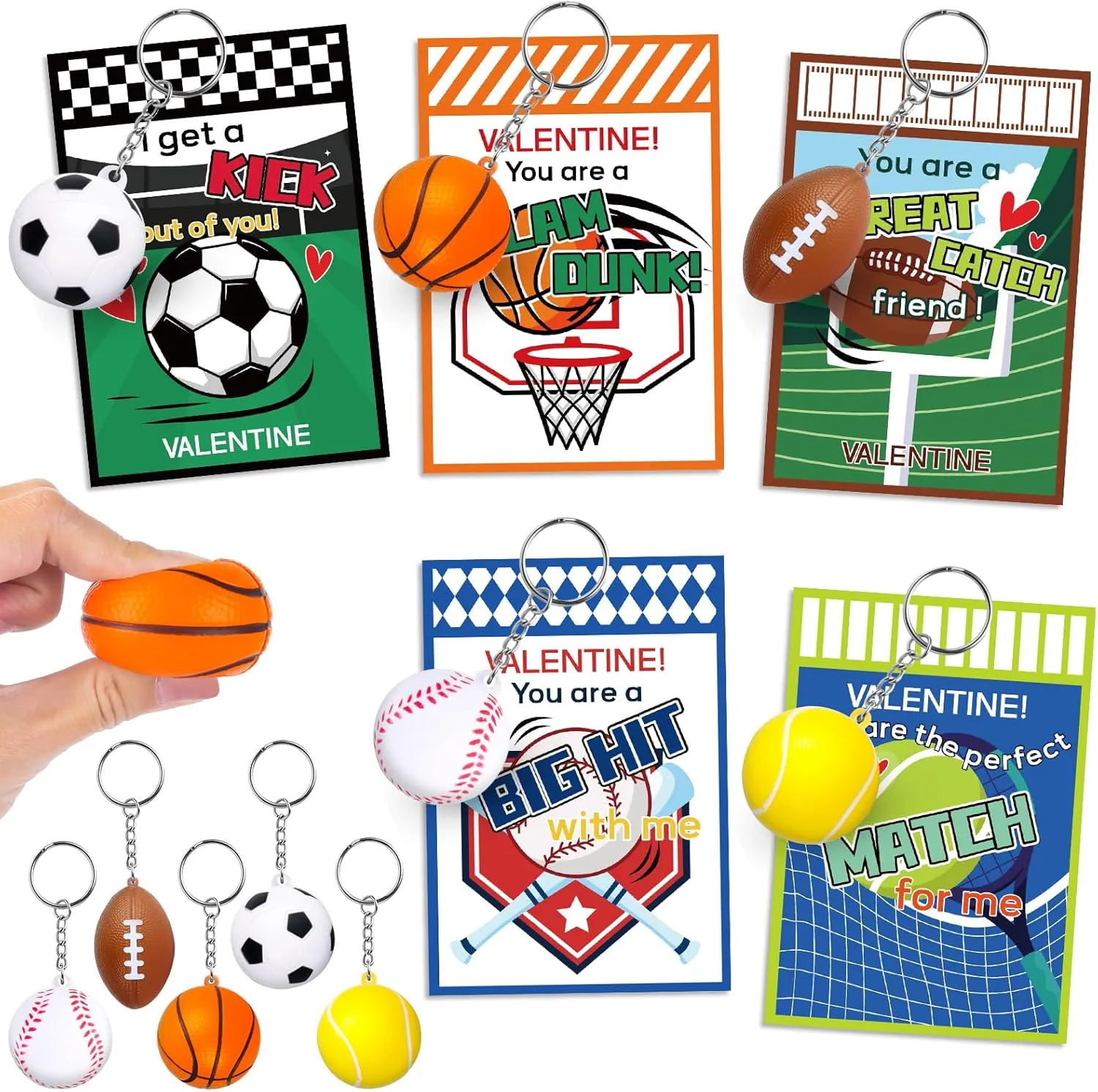 30 Packs Valentine's Day Cards with Sports Squeeze Balls Keychains Stress Relief Fidget Toy for Classroom Exchange, Valentine's Gifts Party Favors for Boys Girls School, Valentine's Prizes for School