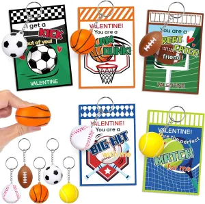 30 Packs Valentine's Day Cards with Sports Squeeze Balls Keychains Stress Relief Fidget Toy for Classroom Exchange, Valentine's Gifts Party Favors for Boys Girls School, Valentine's Prizes for School