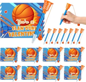 30 Set Valentine's Day Basketball Hoop Pens with Gift Card for Kid Valentine's Day Classroom Exchange Gift School Sports Basketball Novelty Ballpoint for School Sports Party Favor
