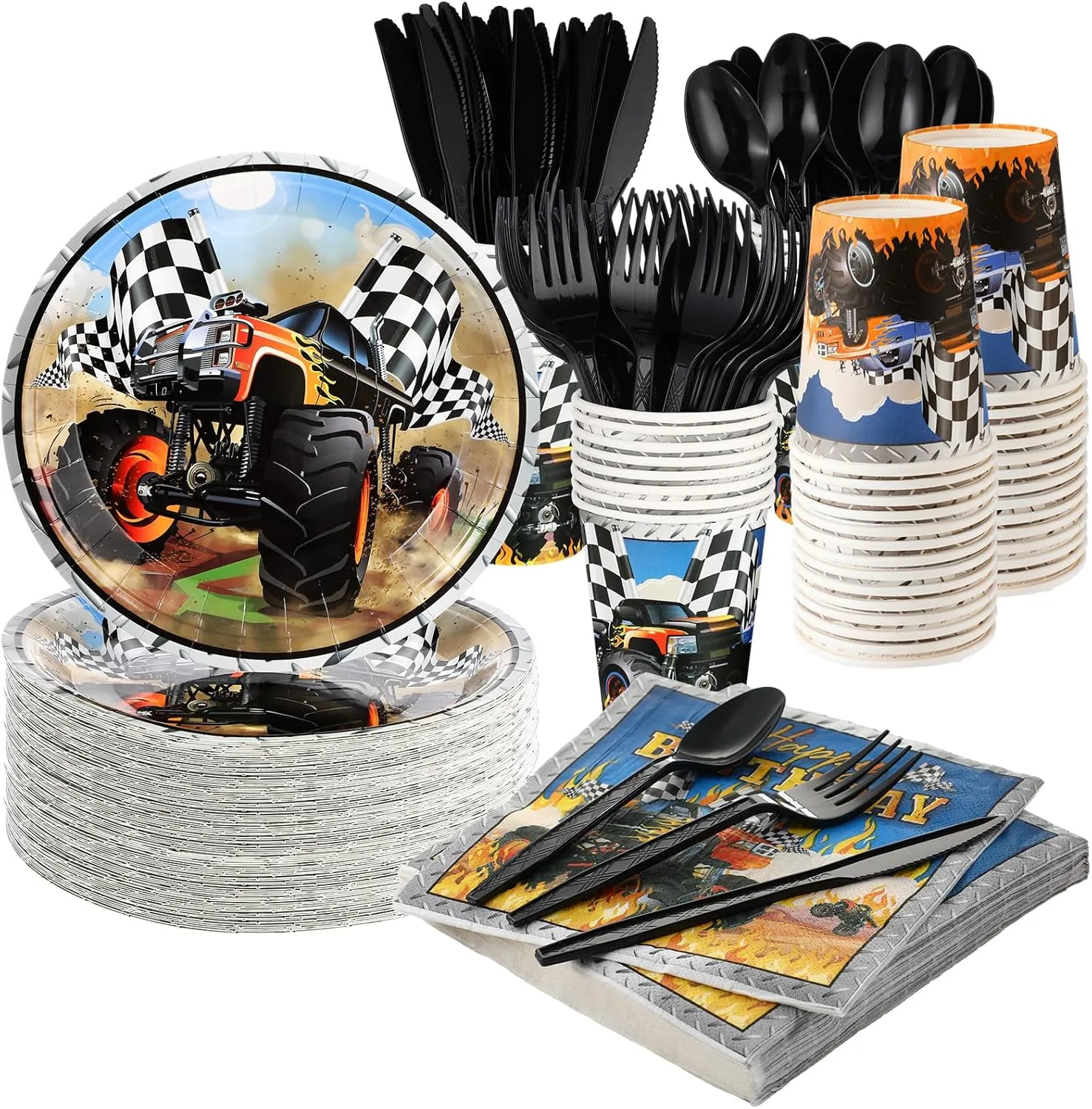 350 Pcs Monster Truck Theme Party Supplies Serves 50 Guests Racing Car Birthday Decorations Tableware Set Include Plates Napkins Cup Knives Spoon Fork for Race Car Truck Birthday Party Favors