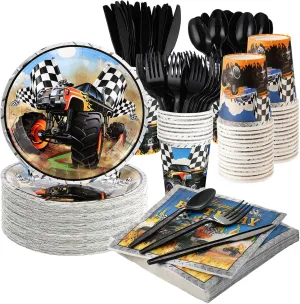 350 Pcs Monster Truck Theme Party Supplies Serves 50 Guests Racing Car Birthday Decorations Tableware Set Include Plates Napkins Cup Knives Spoon Fork for Race Car Truck Birthday Party Favors
