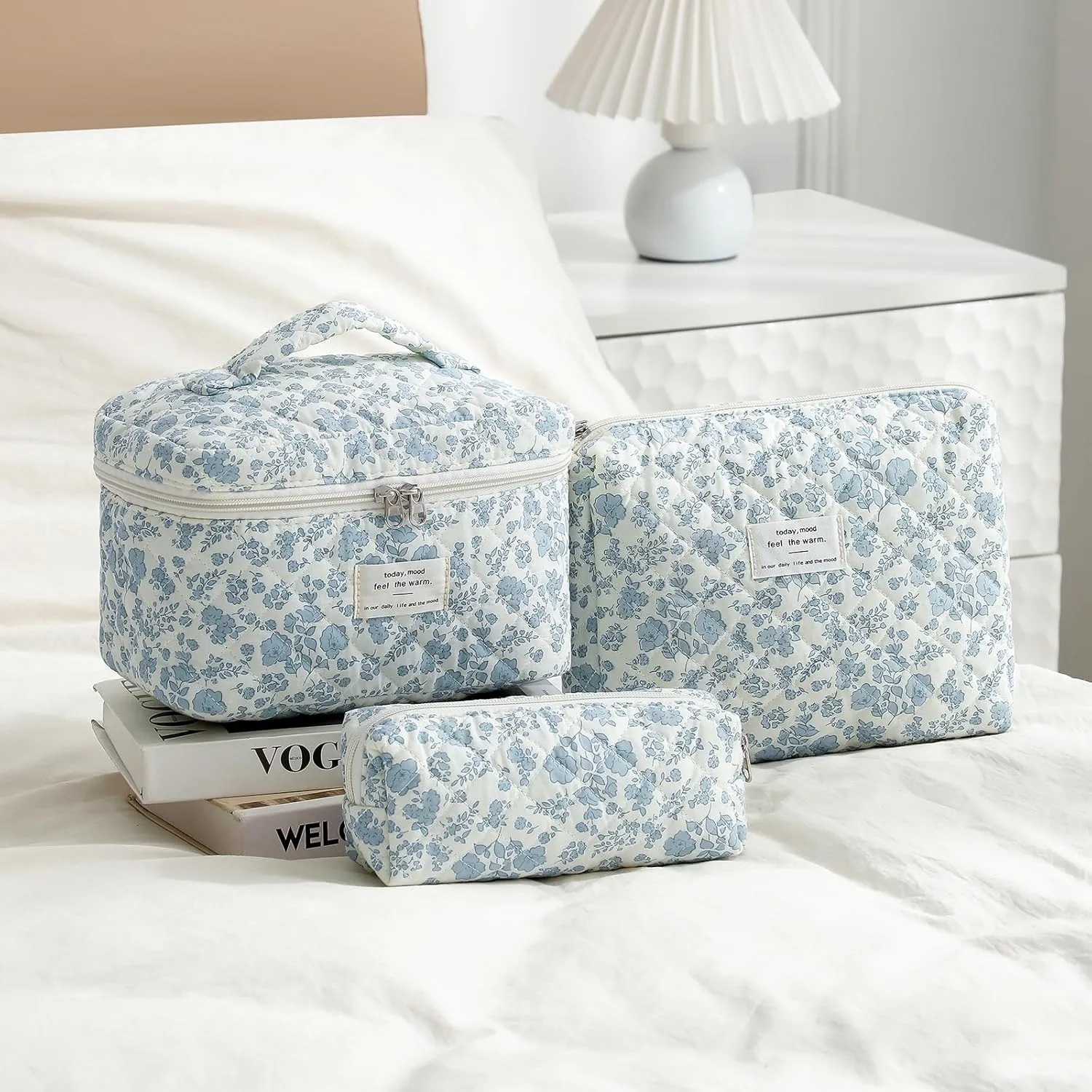3Pcs Large Quilted Makeup Bag for Women and Girls, Cute Coquette Floral Cotton Cosmetic Bag, Aesthetic Travel Organized Toiletry Bags (3pcs Light Blue)
