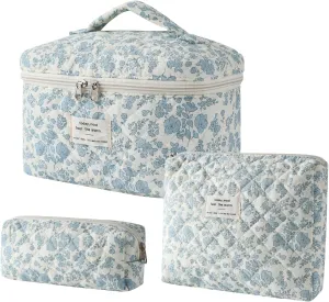 3Pcs Large Quilted Makeup Bag for Women and Girls, Cute Coquette Floral Cotton Cosmetic Bag, Aesthetic Travel Organized Toiletry Bags (3pcs Light Blue)