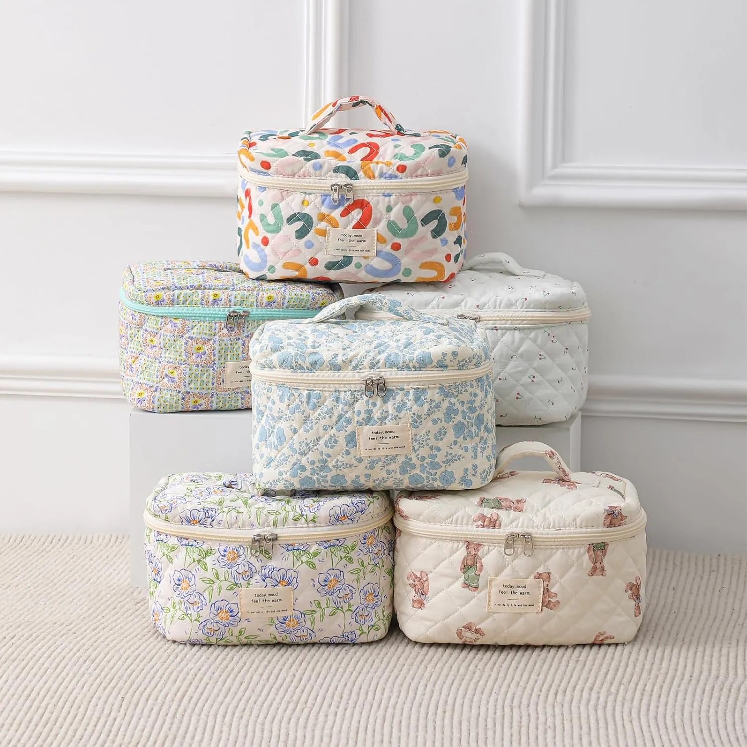 3Pcs Large Quilted Makeup Bag for Women and Girls, Cute Coquette Floral Cotton Cosmetic Bag, Aesthetic Travel Organized Toiletry Bags (3pcs Light Blue)