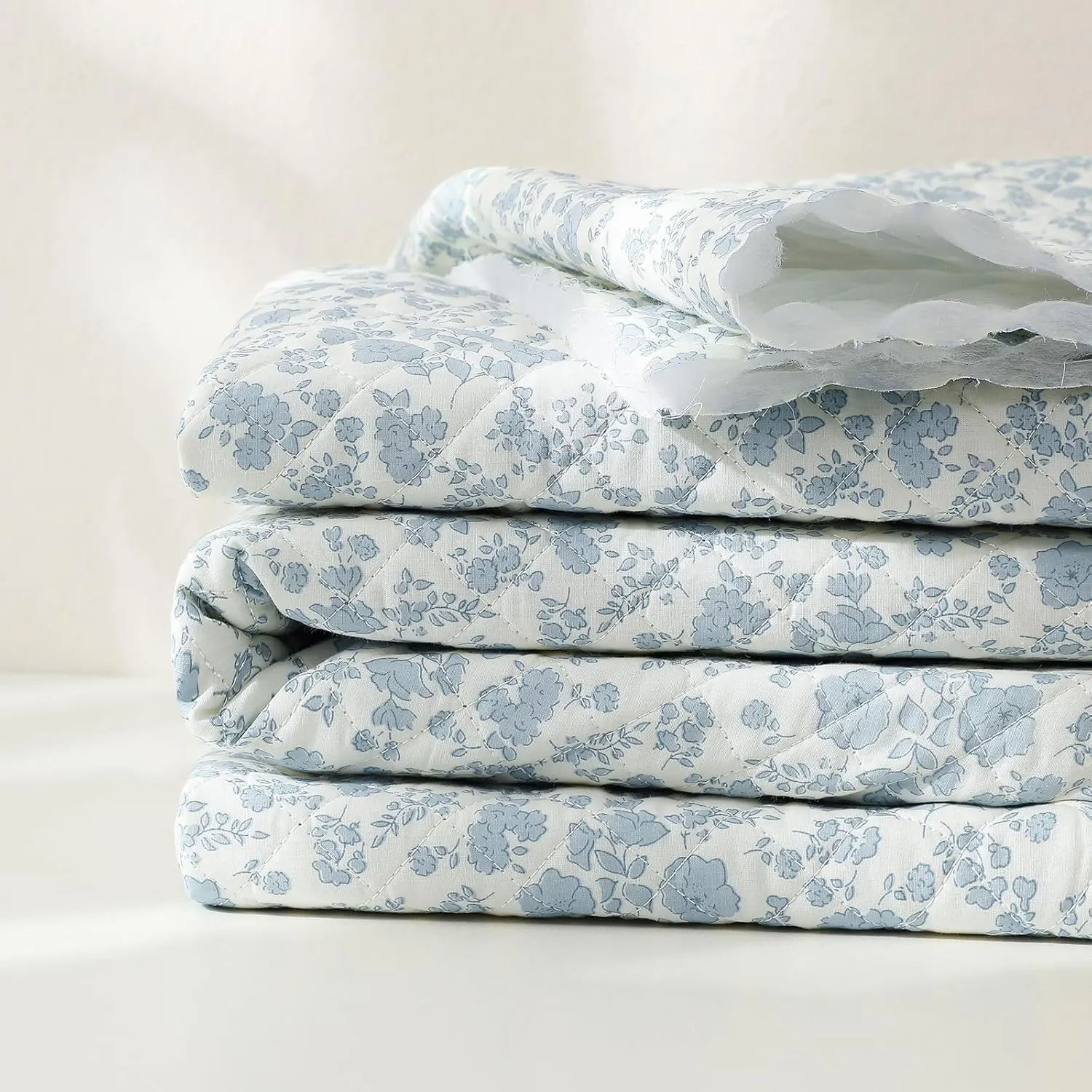 3Pcs Large Quilted Makeup Bag for Women and Girls, Cute Coquette Floral Cotton Cosmetic Bag, Aesthetic Travel Organized Toiletry Bags (3pcs Light Blue)