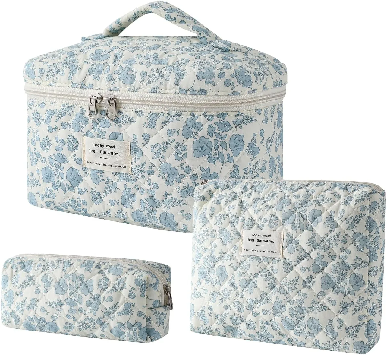 3Pcs Large Quilted Makeup Bag for Women and Girls, Cute Coquette Floral Cotton Cosmetic Bag, Aesthetic Travel Organized Toiletry Bags (3pcs Light Blue)