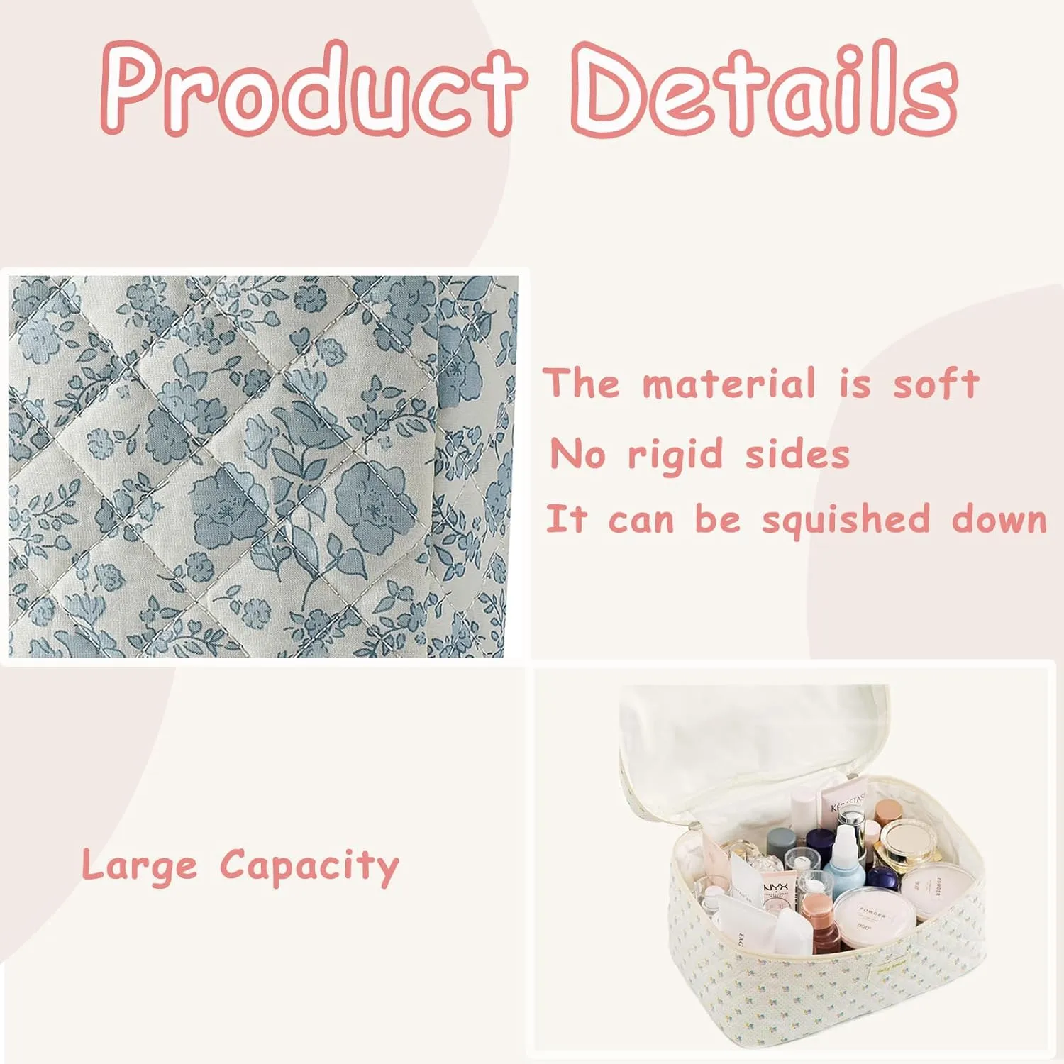 3Pcs Large Quilted Makeup Bag for Women and Girls, Cute Coquette Floral Cotton Cosmetic Bag, Aesthetic Travel Organized Toiletry Bags (3pcs Light Blue)