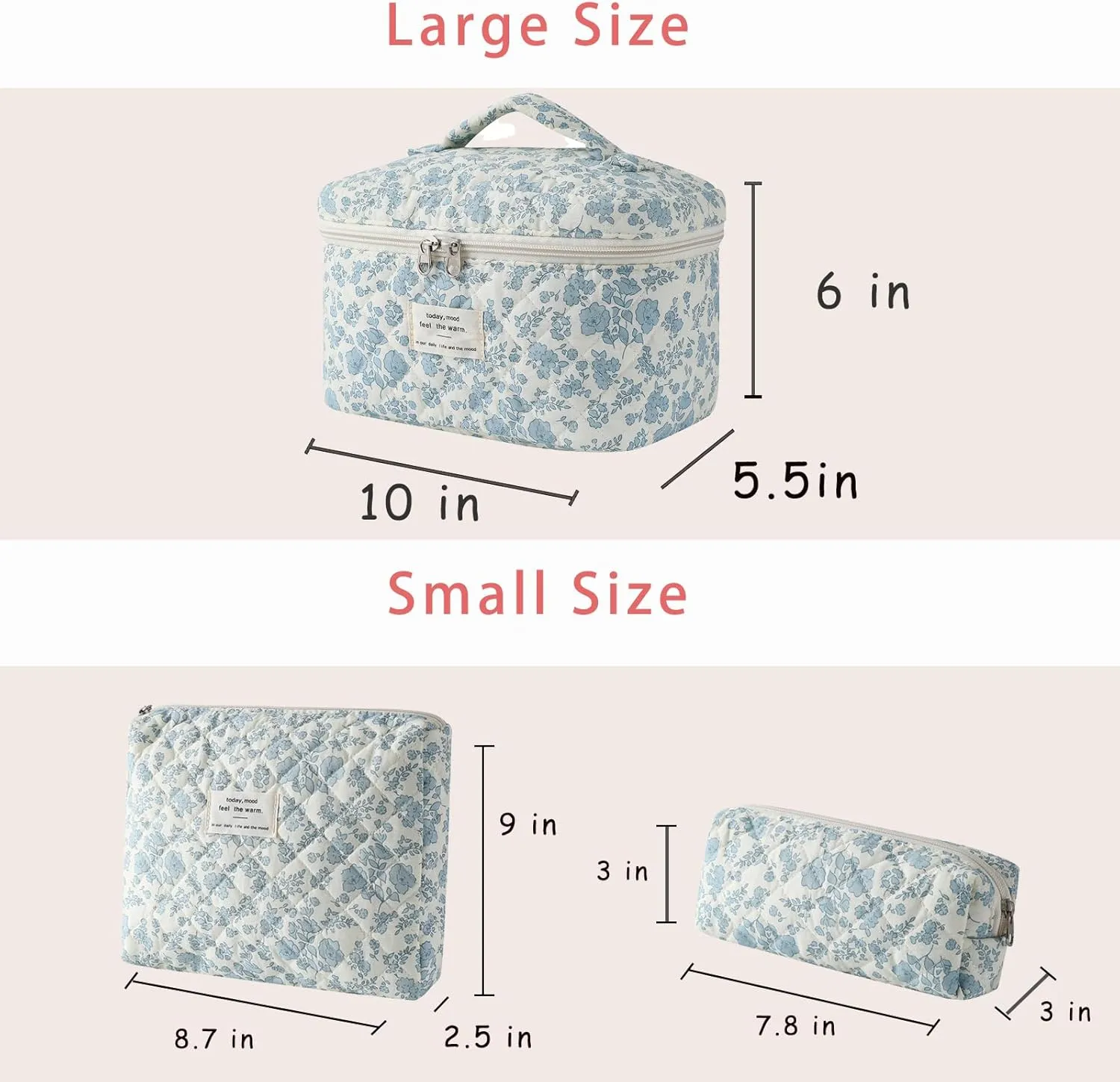 3Pcs Large Quilted Makeup Bag for Women and Girls, Cute Coquette Floral Cotton Cosmetic Bag, Aesthetic Travel Organized Toiletry Bags (3pcs Light Blue)